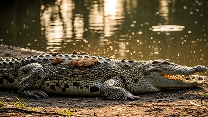 Obraz premium Sun-Kissed Crocodile Basking in Warm Sunlight by the Water's Edge, a Close-Up View