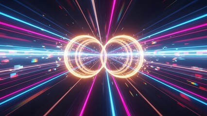 Commonwealth Games 2026 -A vibrant digital artwork featuring glowing neon circles and colorful light beams in a futuristic setting