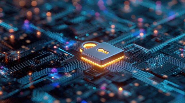 Digital Security Concept with Lock Symbol on Circuit Board in Futuristic Technology Environment - Powered by Adobe