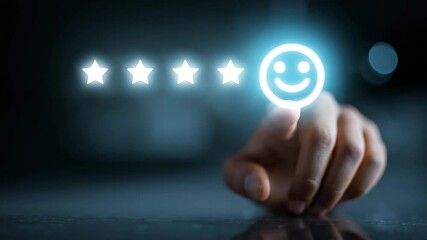 Hand interacts with glowing interface, selecting star ratings and a smiley face icon, showcasing user engagement and feedback in a digital environment