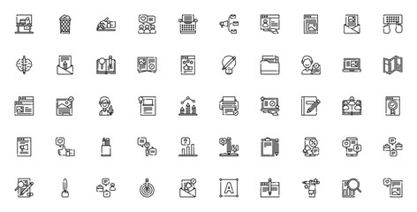 Copywriting icon set. Vector icons for office, email, social media, marketing, ads, writing tools, analytics and more. Editable stroke line symbols.