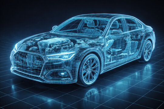 Futuristic Wireframe Car Hologram, Digital Twin Automotive Engineering Render - Powered by Adobe