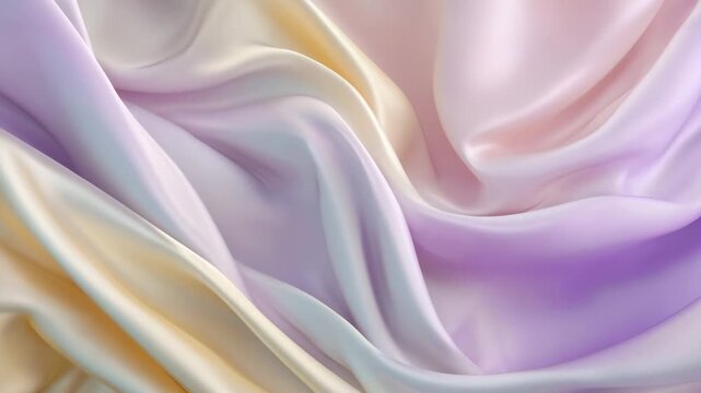 Flowing silk fabric in soft pastel colors undulates gracefully, showcasing smooth textures and gentle waves, creating a visually captivating scene of textile movement and elegance