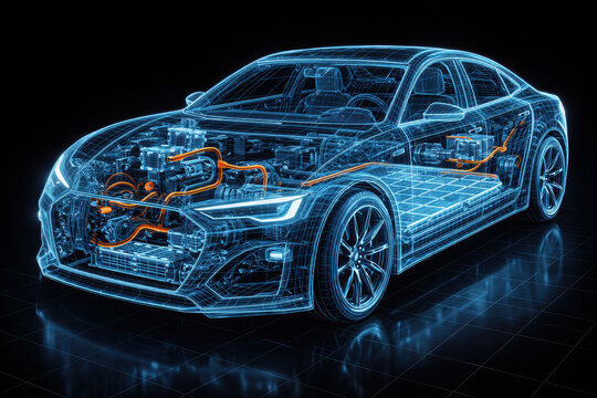 Electric Car Wireframe with High Voltage Battery System, EV Powertrain Visualization