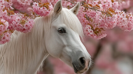 A white horse with a pink blossom tree background.