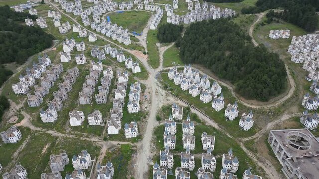Burj Al Babas ghost town abandoned fairytale castles drone aerial view in Turkey