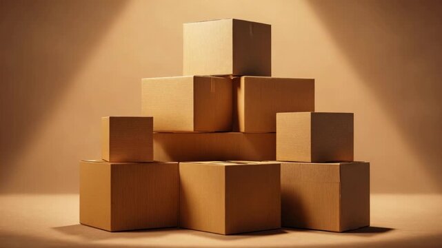 Stacked cardboard boxes arranged in a pyramid formation with varying heights and dimensions, showcasing a gradual progression of the structure's complexity and design elements