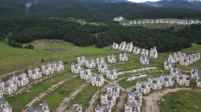 Burj Al Babas ghost town abandoned fairytale castles drone aerial view in Turkey