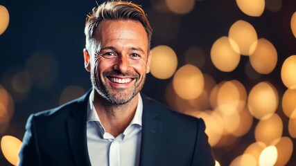 Stylish Man's Portrait: Captivating portrait of a handsome man, exuding confidence and charm against a softly blurred, warm backdrop of lights.