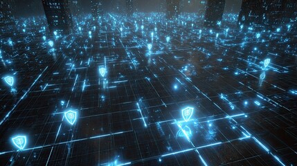 Futuristic Digital Landscape with Glowing Blue Data Points and Abstract Network Connections in Cyber Environment