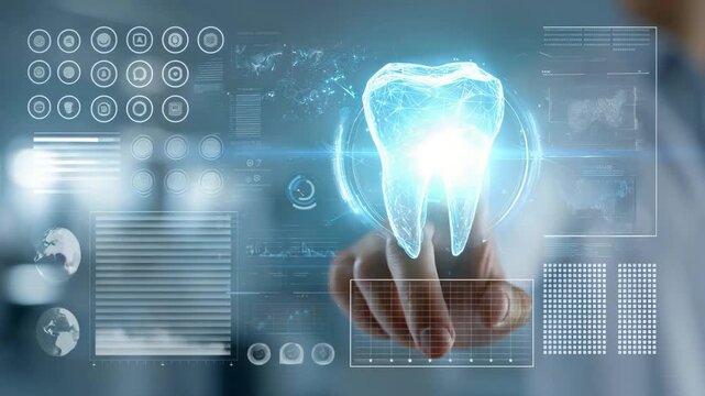Digital representation of a tooth is activated by a finger touch, showcasing advanced dental technology with holographic interface elements and glowing graphics in a clinical setting