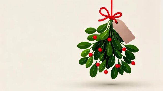 Hanging mistletoe with red berries and tag celebrates festive holiday tradition