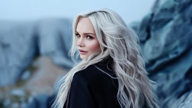 Elegant Contemplation: A woman with long, flowing platinum blonde hair gazes into the distance with a look of serene contemplation, embodying a blend of strength and grace.