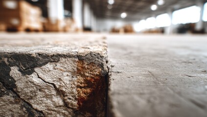 Naklejka premium A close up of a concrete slab edge in an industrial warehouse setting with rough texture and blurred background.