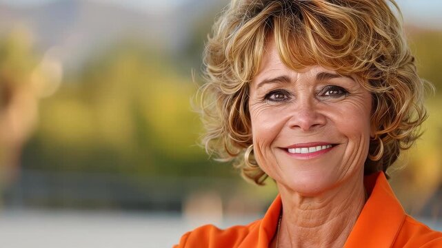 Radiant Smile: Portrait of a woman with captivating eyes, her warm smile radiating confidence and experience, with blurred background.