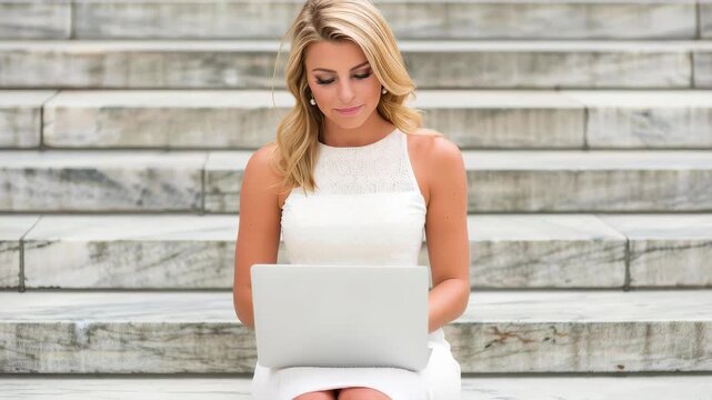 Woman working on a laptop on the steps: A woman, elegantly dressed in a white dress, sits on a stone steps, intently focused on her laptop, with sunlight adding a serene glow.