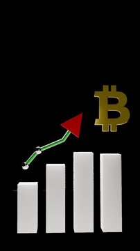 Golden Bitcoin Cryptocurrency Coin with Upward Red Arrow Growth Chart 3D Render