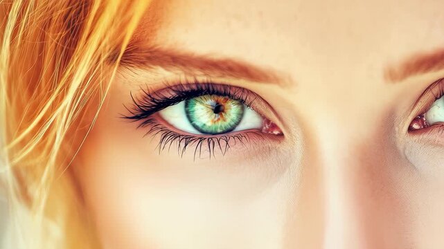 Emerald Gaze: An alluring closeup of a person's vibrant eyes captivates with striking emerald irises, framed by delicate lashes, offering a glimpse into the depth of perception.