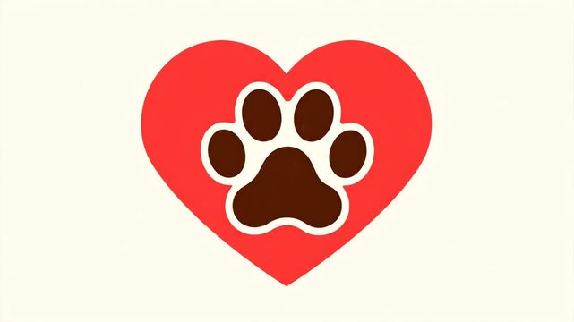 Clean, flat vector illustration featuring a vibrant red heart embracing a brown animal paw print. Perfect for conveying pet love, animal adoption, veterinary services, or compassionate animal welfare