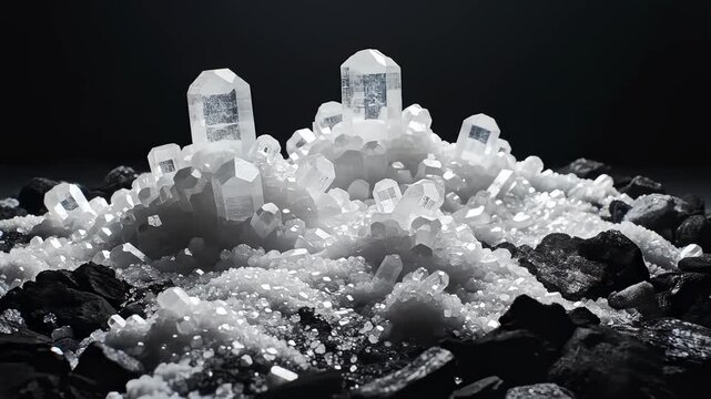 Crystals Grouping Upon Surface of Rock in Studio Lighting Close-Up