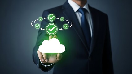 Businessman presenting secure cloud computing concept with checkmarks