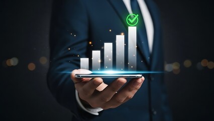 Businessman analyzing growing bar chart on smartphone in modern office