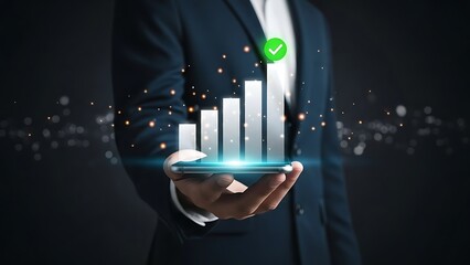 Businessman analyzing successful data on smartphone with 3D graph