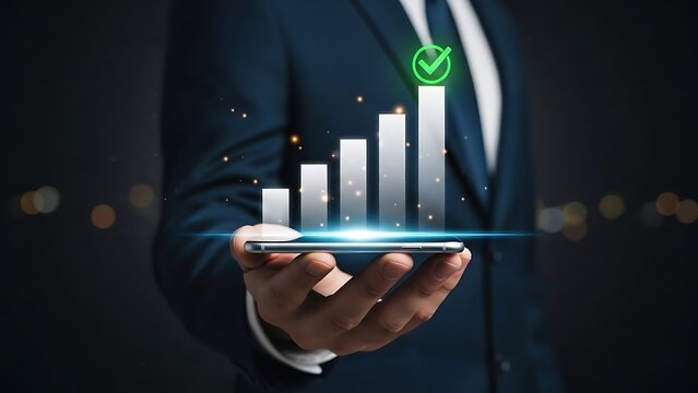 Businessman analyzing growing bar chart on smartphone in modern office - Powered by Adobe
