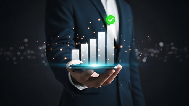 Businessman analyzing successful data on smartphone with 3D graph - Powered by Adobe