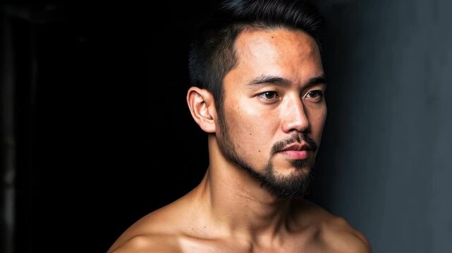 Confident Gaze: A striking individual with a composed expression, revealing focused introspection, against a simple, uncluttered backdrop, emphasizing his contemplative nature.