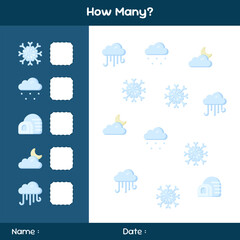 Count how many objects. Counting game on winter theme. Educational mathematical game. Counting game for children. Template for how many