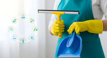 Professional cleaning services provider holding cleaning tools, wearing protective gloves and apron, ready to clean