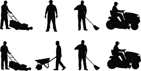 Garden maintenance worker silhouettes vector illustration isolated on white background, landscaping, lawn care, yard work, outdoor equipment service concepts © Samol