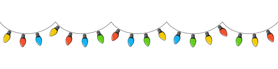 Bulbs on a string. Hanging light bulbs. Colorful light bulbs for decoration. Lights garland. Lights string decoration. Vector illustration