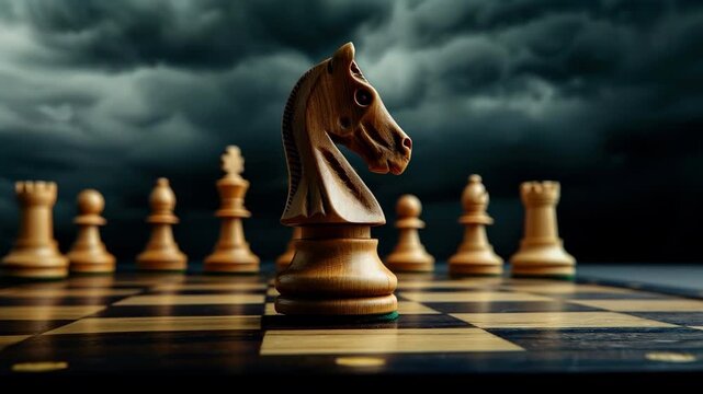 Chessboard Knight: A close-up shot captures the strategic beauty of a chessboard, with a knight piece prominently displayed. It evokes a sense of strategic planning, competition.