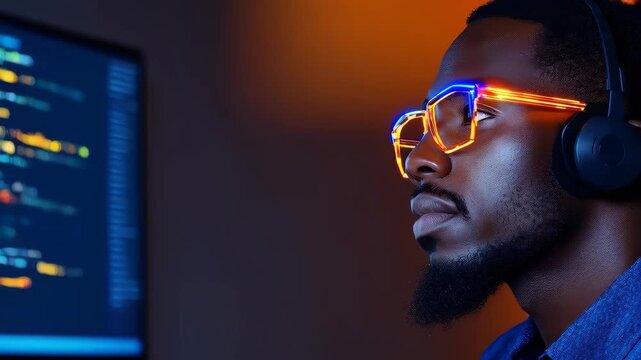 Digital Architect: A focused individual, illuminated by a monitor's glow, immersed in the digital realm with cutting-edge eyewear and auditory technology. Capturing innovation, focus.