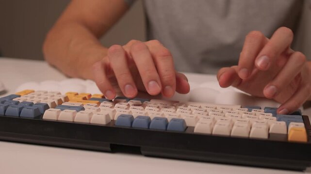 Keyboard setup showcase, Ergonomic mechanical keyboard display, Closeup of tactile switches on custom keyboard, Designer testing pastel keycaps with ergonomic wrist cushion setup