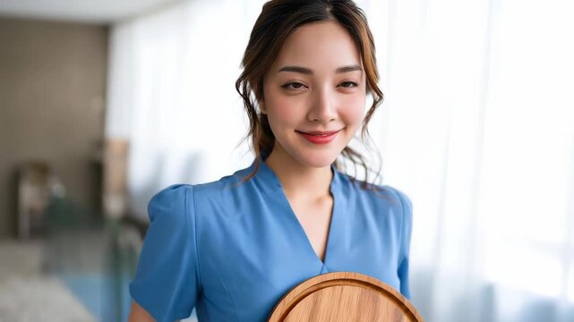 Serene Hospitality: A gracious attendant, bearing a wooden tray, beams with warmth, ready to serve in a sunlit ambiance, embodying attentiveness and care.