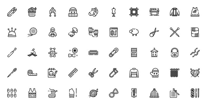 Knitting icon set. Vector illustration pack. Includes wool, sweater, scarf, beanie, gloves, needles, scissors, sheep and more. Editable stroke.
