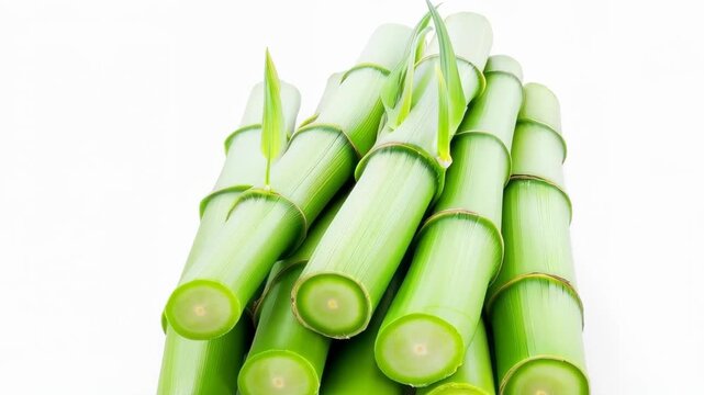 Serene Bamboo Stalks: A close-up showcases a pile of fresh, vibrant bamboo stalks, their green hues and intricate textures evoking a sense of tranquility.