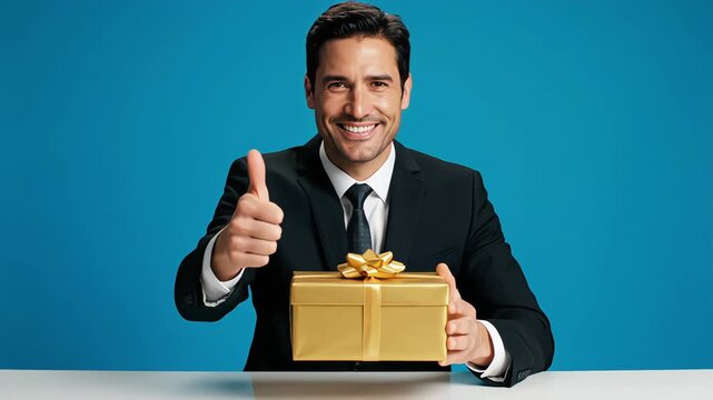 A handsome, smiling businessman in a suit holds a golden gift box and gives a thumbs-up, conveying satisfaction and approval against a clean blue background
