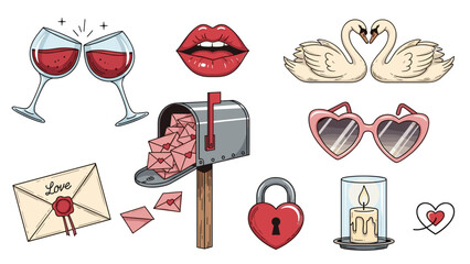 A romantic vector graphic illustration of love and Valentine's Day symbols in a flat design style