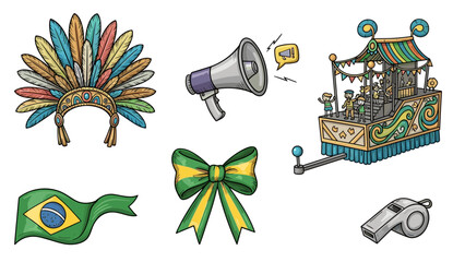 A colorful illustration of various Brazilian Carnival symbols and icons on a