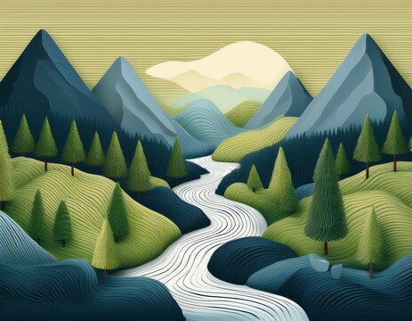 miniature textured mountain landscape with winding river and evergreen trees image - Powered by Adobe