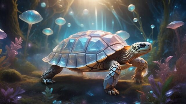 Enchanting turtle gracefully navigates through a luminous, fantastical mushroom forest scene