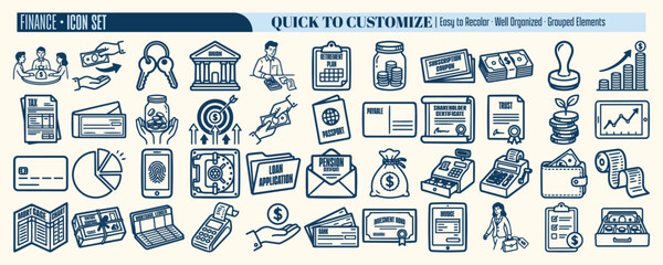 Line art finance icon set close up overview showing assorted banking money icons with hand drawn outline style flat vector desktop blue