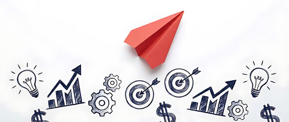 A red paper airplane soaring above hand-drawn business icons representing growth, innovation, strategy, and financial success on a white background.
