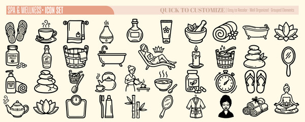 Line art spa and wellness icon set close up showing hand drawn bath stones robe tea towel massage tools calm beige