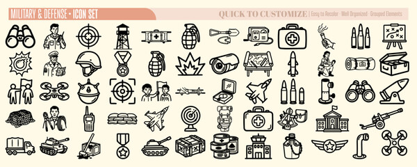 Line art military and defense icon set close up grid showing helmet binoculars tank fighter jet medic kit grenade map radar