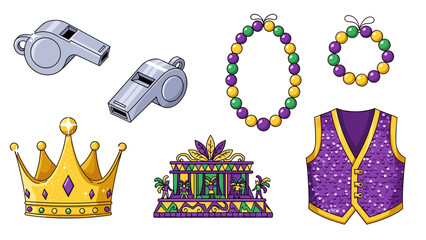 A colorful Mardi Gras illustration featuring festive icons and symbols on a